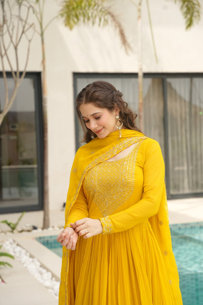 Yellow Graceful Faux Blooming Embroidered Gown with Sequins Dupatta – Fully Stitched Elegance ClothsVilla