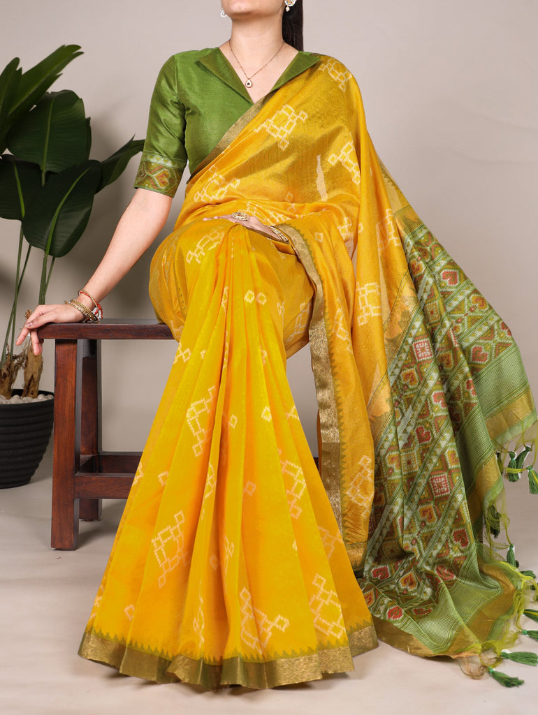 Yellow Graceful Jacquard Silk Saree with Printed & Zari Weaving Work ClothsVilla