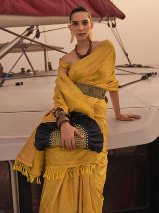 Yellow Graceful Silk Blend Kanjivaram Saree with Tassel Detailing ClothsVilla