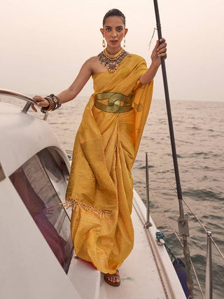 Yellow Graceful Silk Blend Kanjivaram Saree with Tassel Detailing ClothsVilla