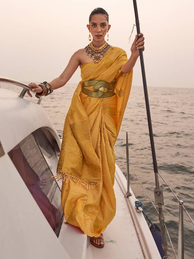Yellow Graceful Silk Blend Kanjivaram Saree with Tassel Detailing ClothsVilla