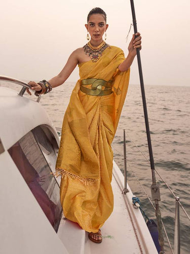 Yellow Graceful Silk Blend Kanjivaram Saree with Tassel Detailing ClothsVilla