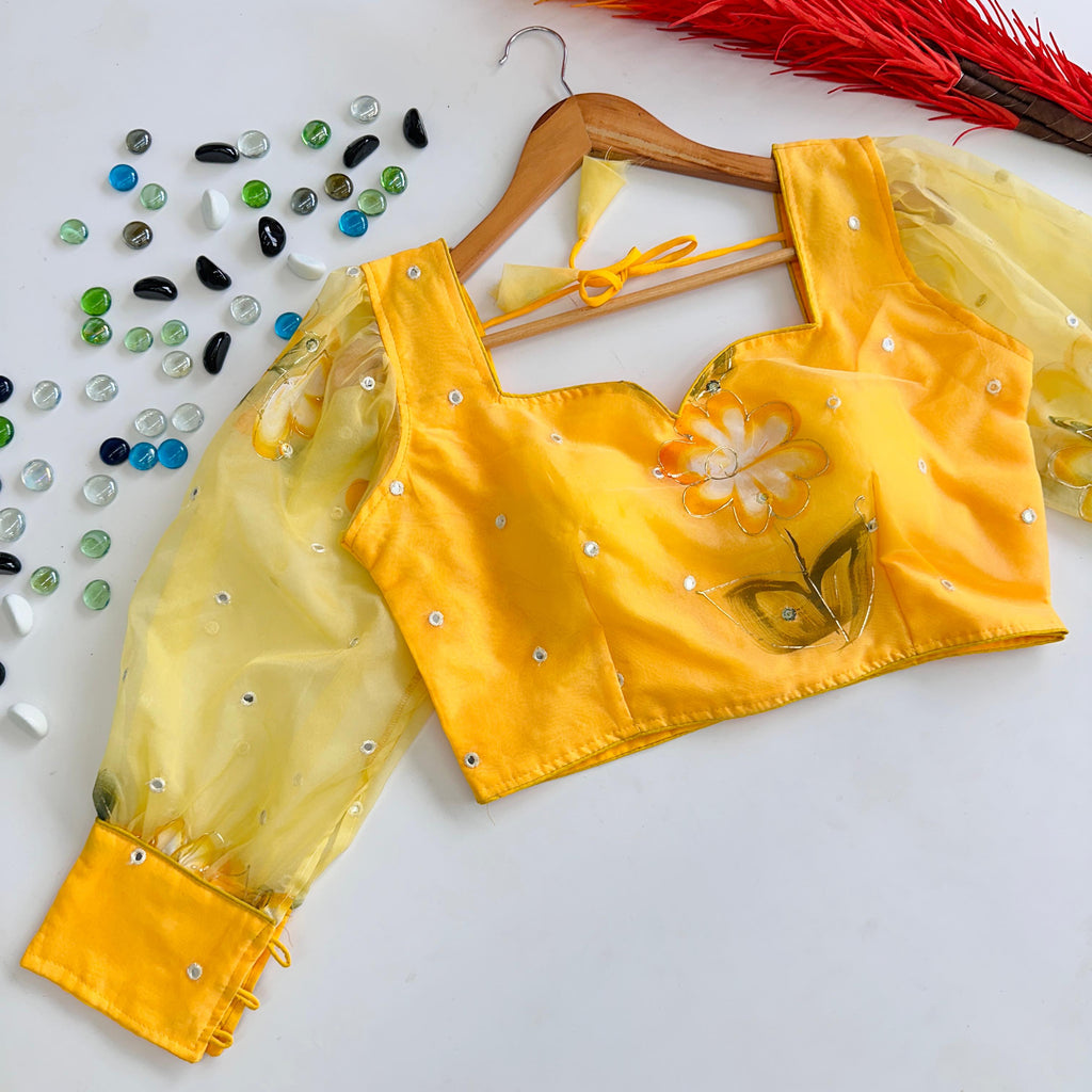 Yellow Hand-Painted Organza Silk Blouse with Embroidery Accents ClothsVilla