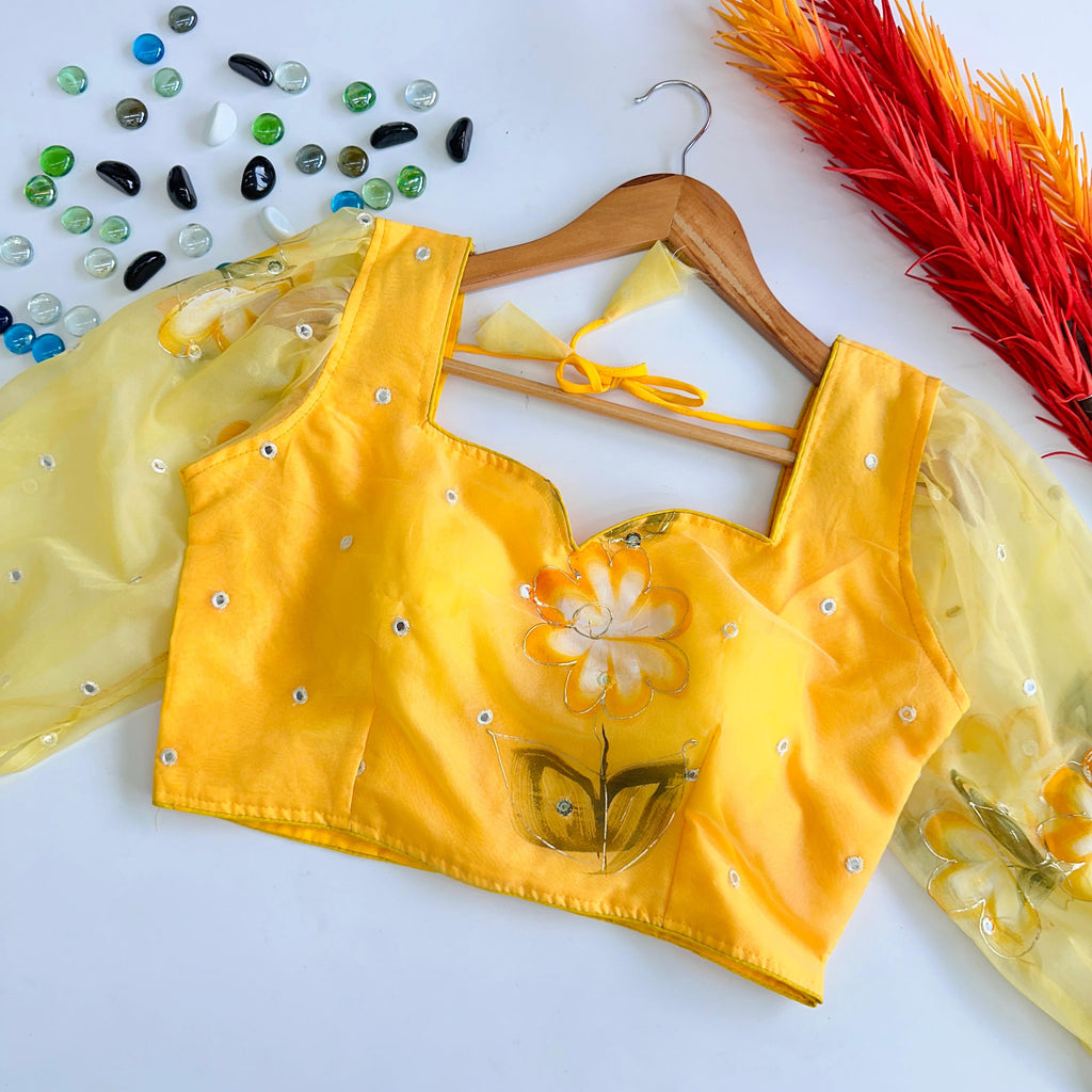 Yellow Hand-Painted Organza Silk Blouse with Embroidery Accents ClothsVilla