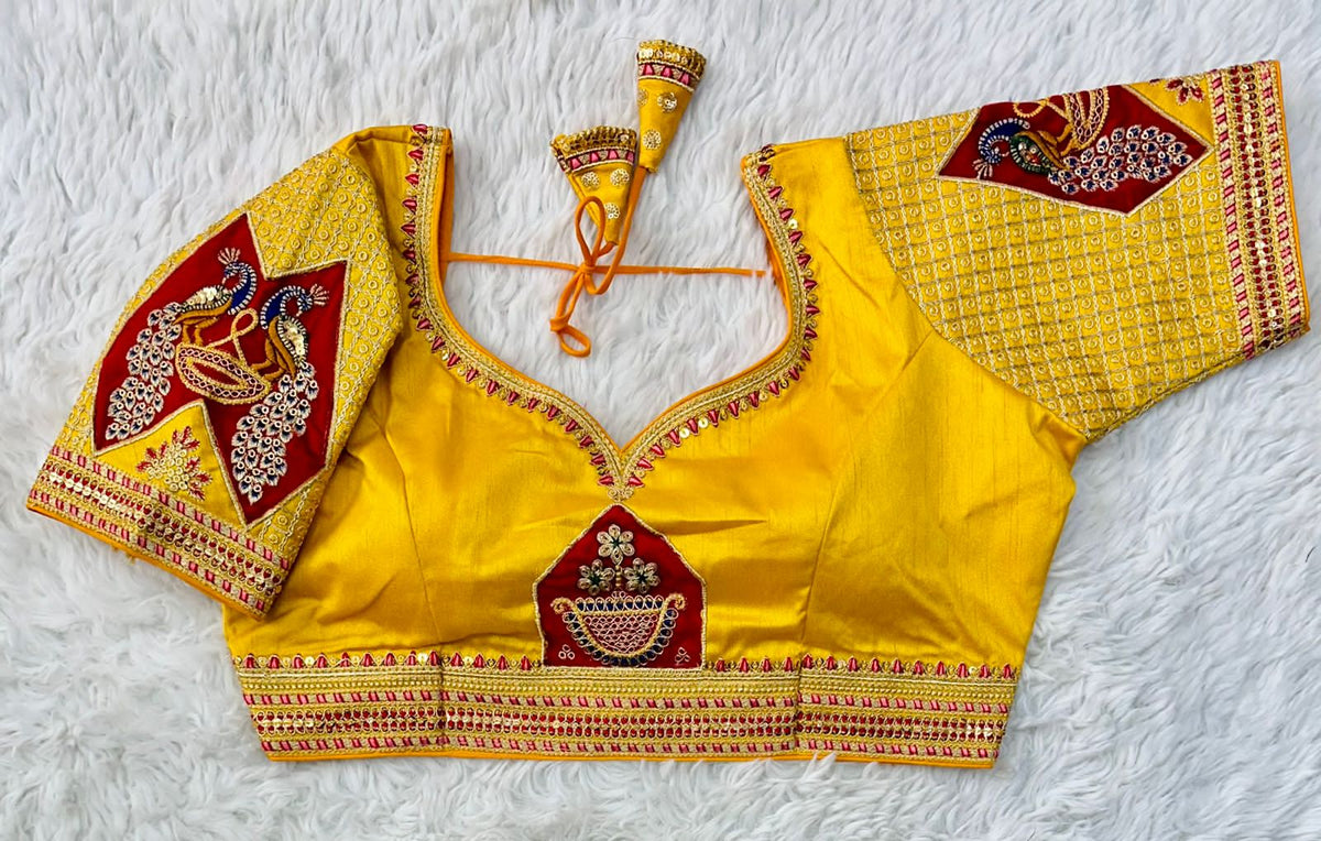 Yellow Handcrafted Sequined Blouse in Dilkush Silk ClothsVilla Main image