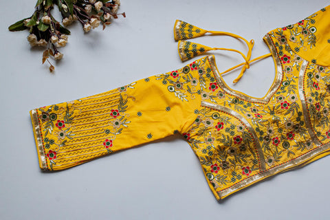 Yellow Handcrafted Sequined Blouse in Khushi Silk ClothsVilla Main image