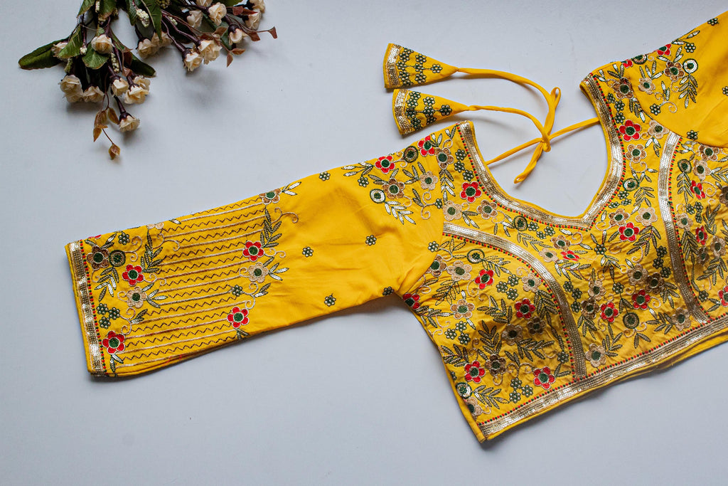 Yellow Handcrafted Sequined Blouse in Khushi Silk ClothsVilla