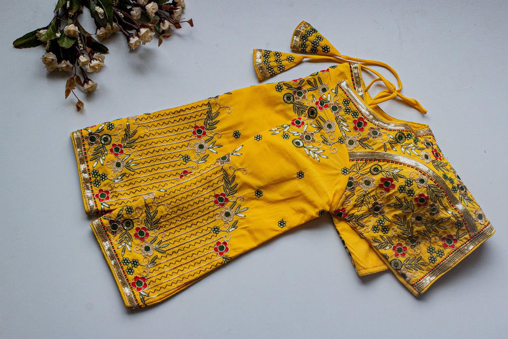 Yellow Handcrafted Sequined Blouse in Khushi Silk ClothsVilla