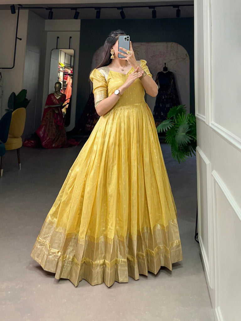 Yellow Handwoven Khadi Organza Gown with Exquisite Zari Deta Yellow Handwoven Khadi Organza Gown with Exquisite Zari Deta