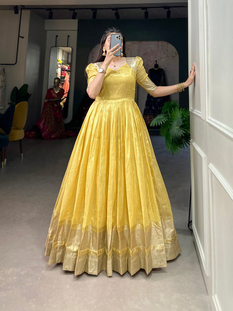 Yellow Handwoven Khadi Organza Gown with Exquisite Zari Detailing ClothsVilla