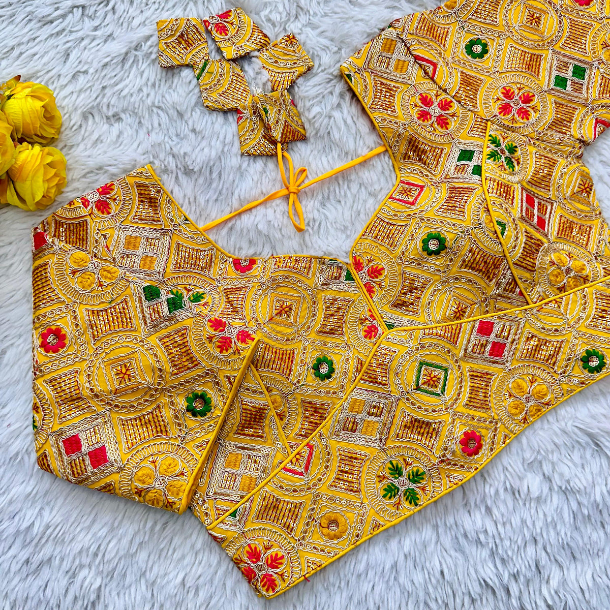 Yellow Heavy Cording Work Pure Georgette Blouse with Multicolor Embellishments ClothsVilla Main image