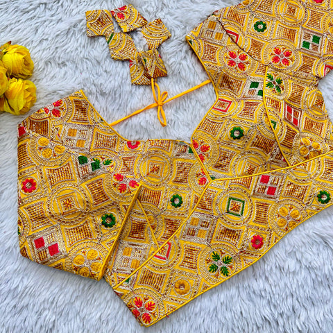 Yellow Heavy Cording Work Pure Georgette Blouse with Multicolor Embellishments ClothsVilla Main image