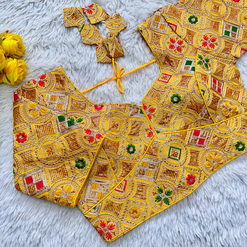 Yellow Heavy Cording Work Pure Georgette Blouse with Multicolor Embellishments ClothsVilla