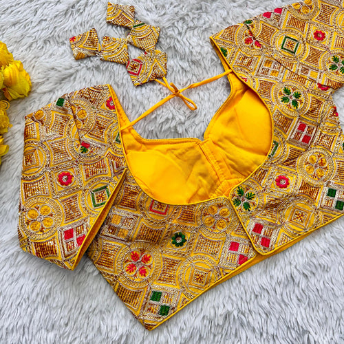 Yellow Heavy Cording Work Pure Georgette Blouse with Multicolor Embellishments ClothsVilla