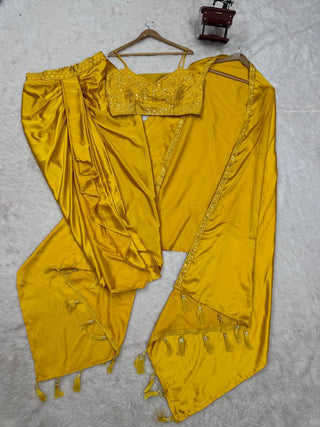 Yellow Indo-Western Dhoti Style Set with Shrug & Choli ClothsVilla