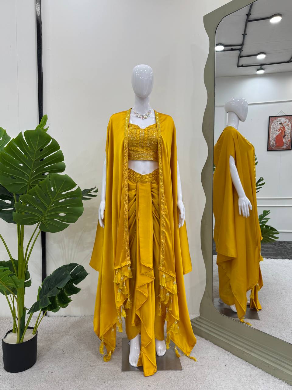 Yellow Indo-Western Dhoti Style Set with Shrug & Choli ClothsVilla