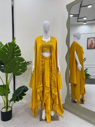 Yellow Indo-Western Dhoti Style Set with Shrug & Choli ClothsVilla