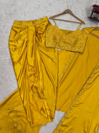 Yellow Indo-Western Dhoti Style Set with Shrug & Choli ClothsVilla