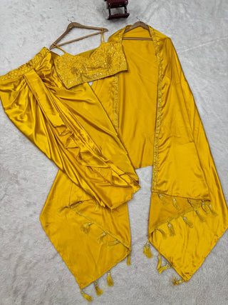 Yellow Indo-Western Dhoti Style Set with Shrug & Choli ClothsVilla