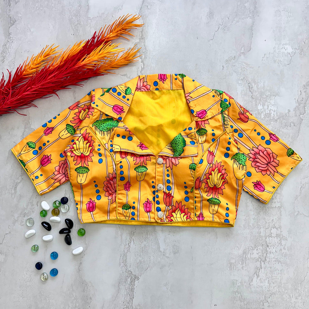 Yellow Kalamkari Print Blouse in Chilly Silk ClothsVilla