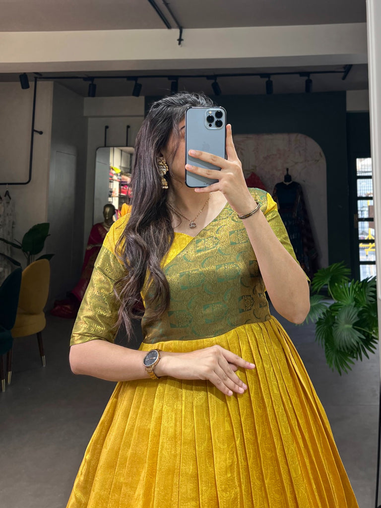 Luxurious Yellow Kanjivaram Silk Gown with Zari Work ClothsVilla