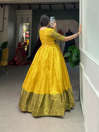 Luxurious Yellow Kanjivaram Silk Gown with Zari Work ClothsVilla
