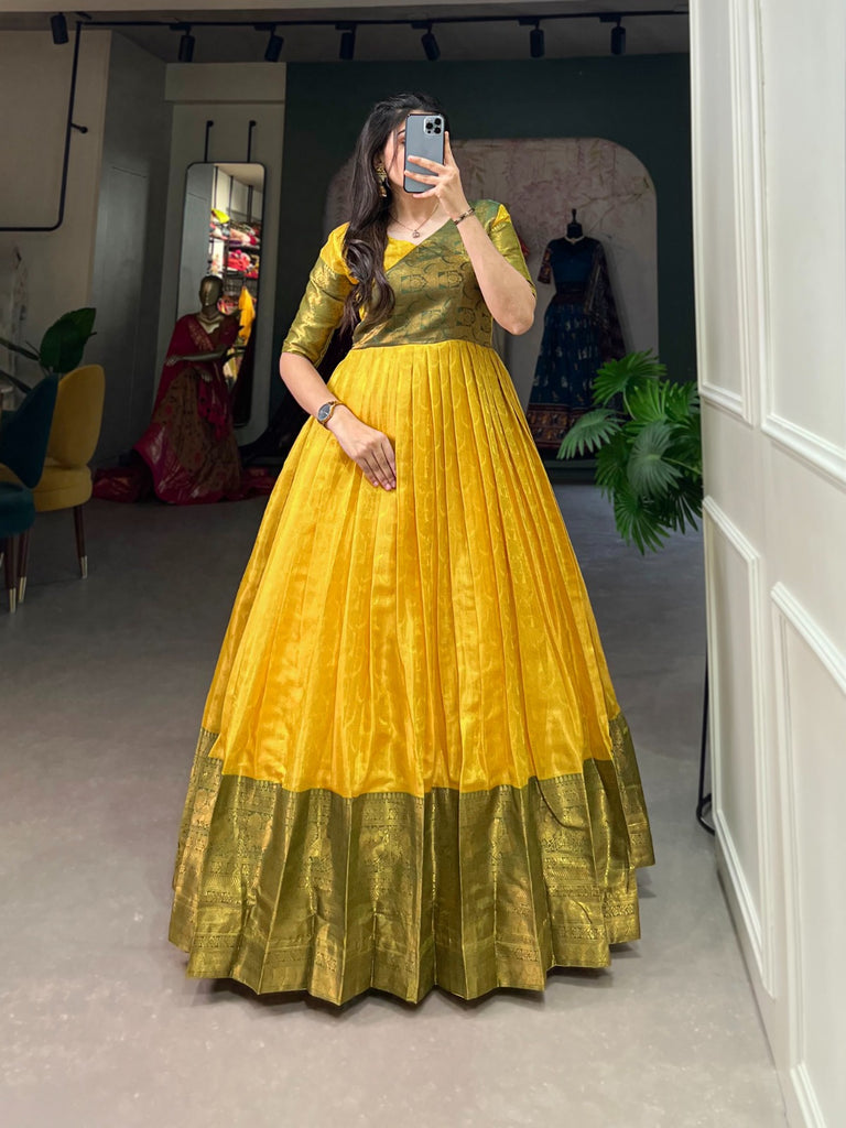 Luxurious Yellow Kanjivaram Silk Gown with Zari Work ClothsVilla