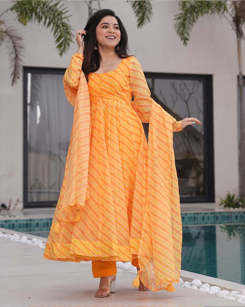 Yellow Laheriya Printed Tabby Organza Anarkali Suit – 3-Piece Set ClothsVilla