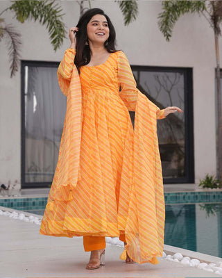 Yellow Laheriya Printed Tabby Organza Anarkali Suit – 3-Piece Set ClothsVilla