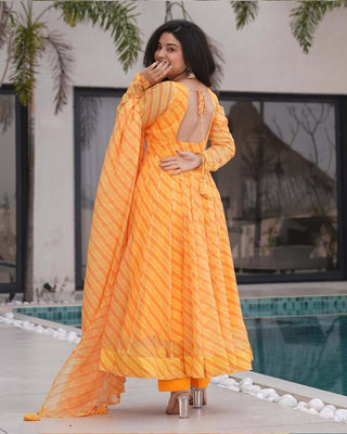Yellow Laheriya Printed Tabby Organza Anarkali Suit – 3-Piece Set ClothsVilla