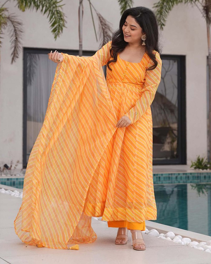 Yellow Laheriya Printed Tabby Organza Anarkali Suit – 3-Piece Set ClothsVilla