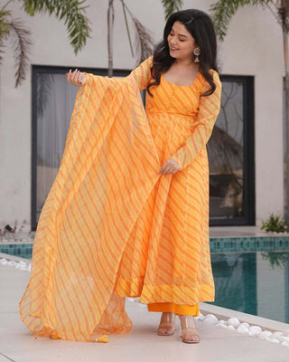 Yellow Laheriya Printed Tabby Organza Anarkali Suit – 3-Piece Set ClothsVilla