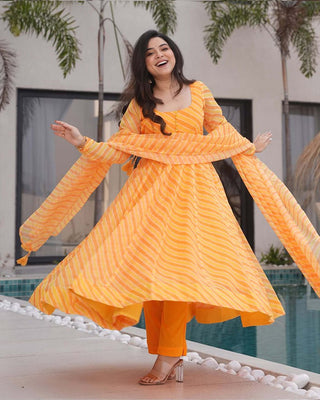 Yellow Laheriya Printed Tabby Organza Anarkali Suit – 3-Piece Set ClothsVilla