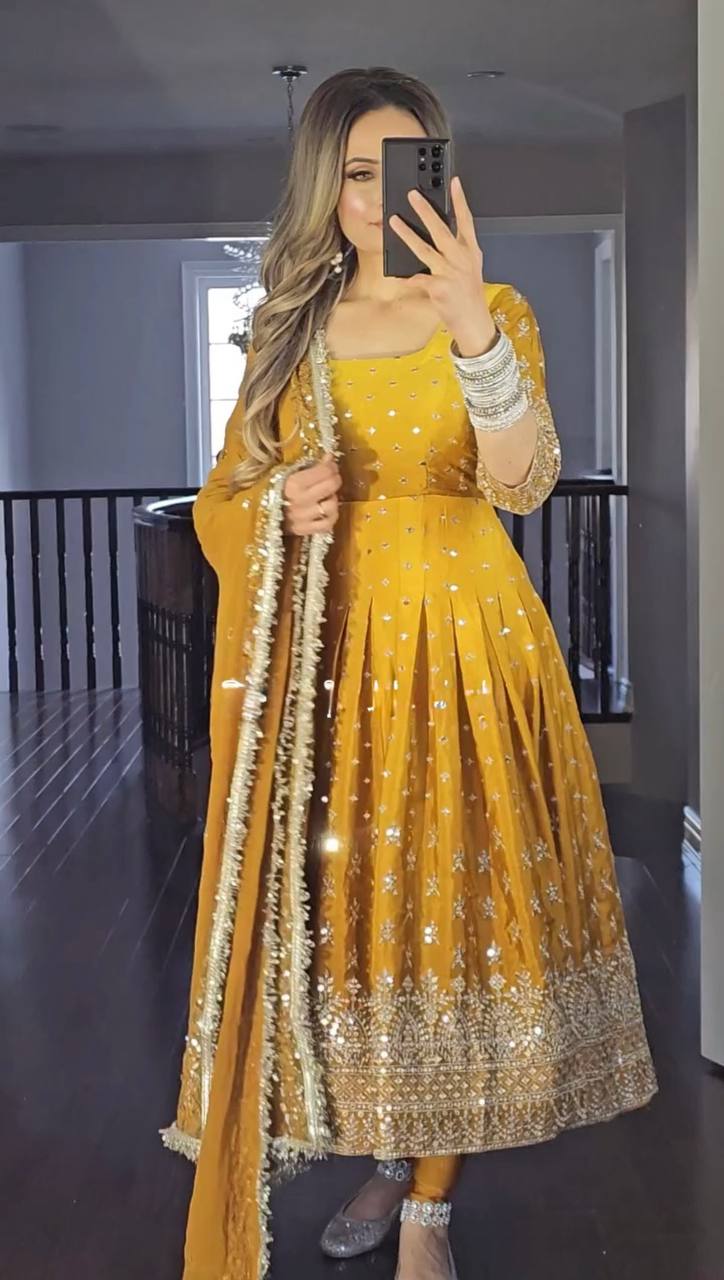 Yellow Elegant Dual-Tone Chinon Silk Anarkali Gown Set – Embroidered Party Wear
