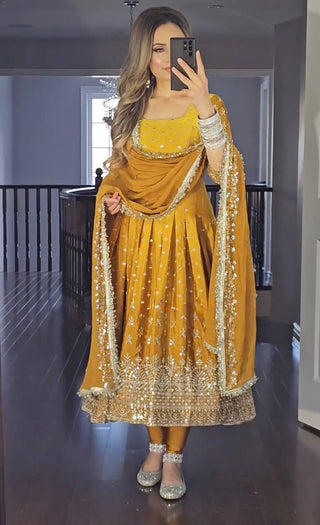 Yellow Elegant Dual-Tone Chinon Silk Anarkali Gown Set – Embroidered Party Wear
