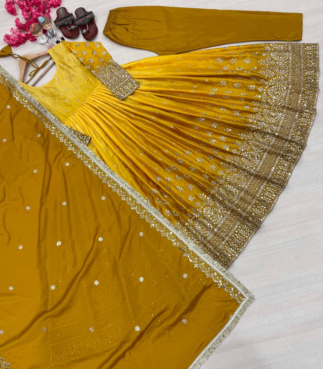 Yellow Elegant Dual-Tone Chinon Silk Anarkali Gown Set – Embroidered Party Wear