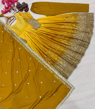 Yellow Elegant Dual-Tone Chinon Silk Anarkali Gown Set – Embroidered Party Wear