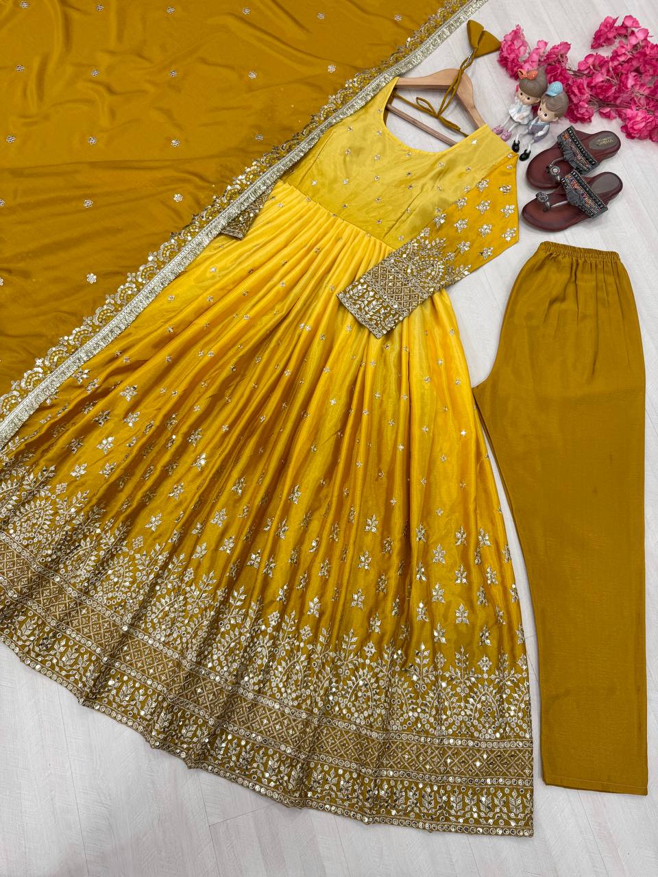 Yellow Elegant Dual-Tone Chinon Silk Anarkali Gown Set – Embroidered Party Wear