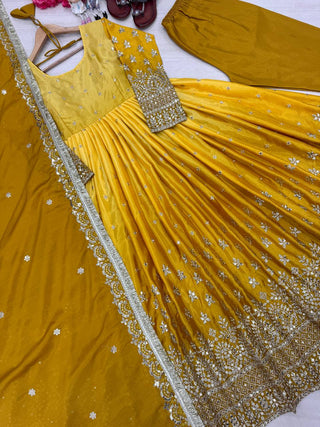 Yellow Elegant Dual-Tone Chinon Silk Anarkali Gown Set – Embroidered Party Wear
