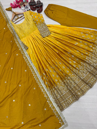 Yellow Elegant Dual-Tone Chinon Silk Anarkali Gown Set – Embroidered Party Wear