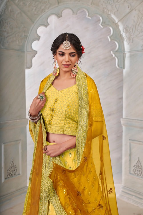 Designer Yellow Lehenga Choli with Thread & Mirror Work ClothsVilla