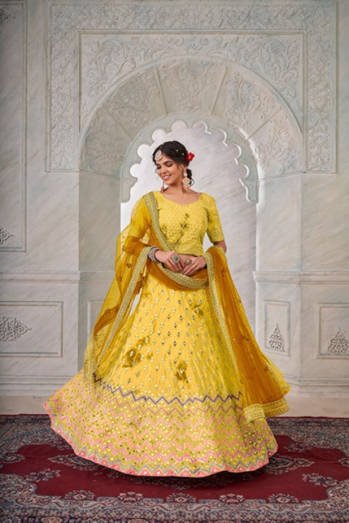 Designer Yellow Lehenga Choli with Thread & Mirror Work ClothsVilla