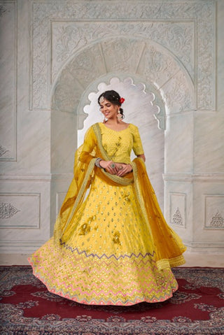 Designer Yellow Lehenga Choli with Thread & Mirror Work ClothsVilla