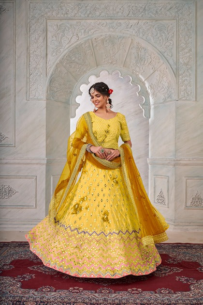 Designer Yellow Lehenga Choli with Thread & Mirror Work ClothsVilla