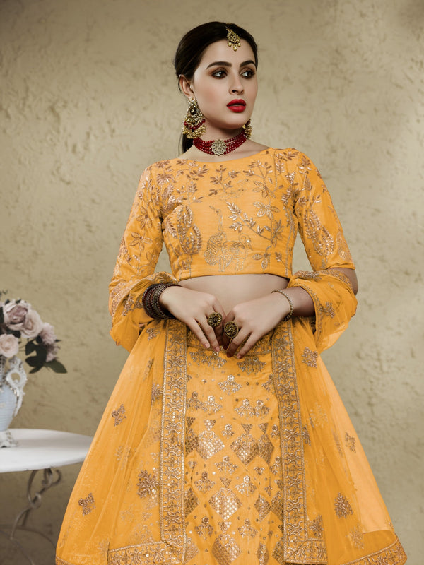 Yellow Art Silk Lehenga Choli with Zari & Sequin Embroidery ClothsVilla