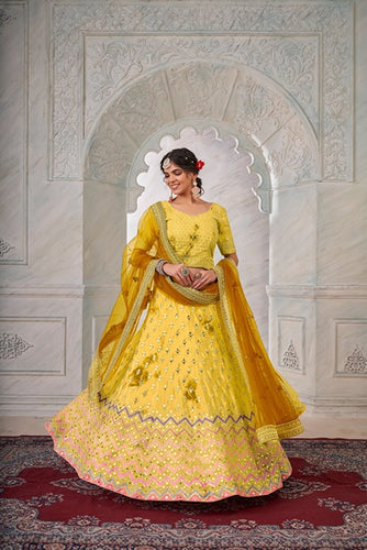 Designer Yellow Lehenga Choli with Thread & Mirror Work ClothsVilla
