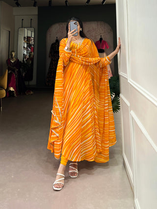 Yellow Leheriya Georgette Gown with Dupatta – Festive Elegance with Lace Touch-Up