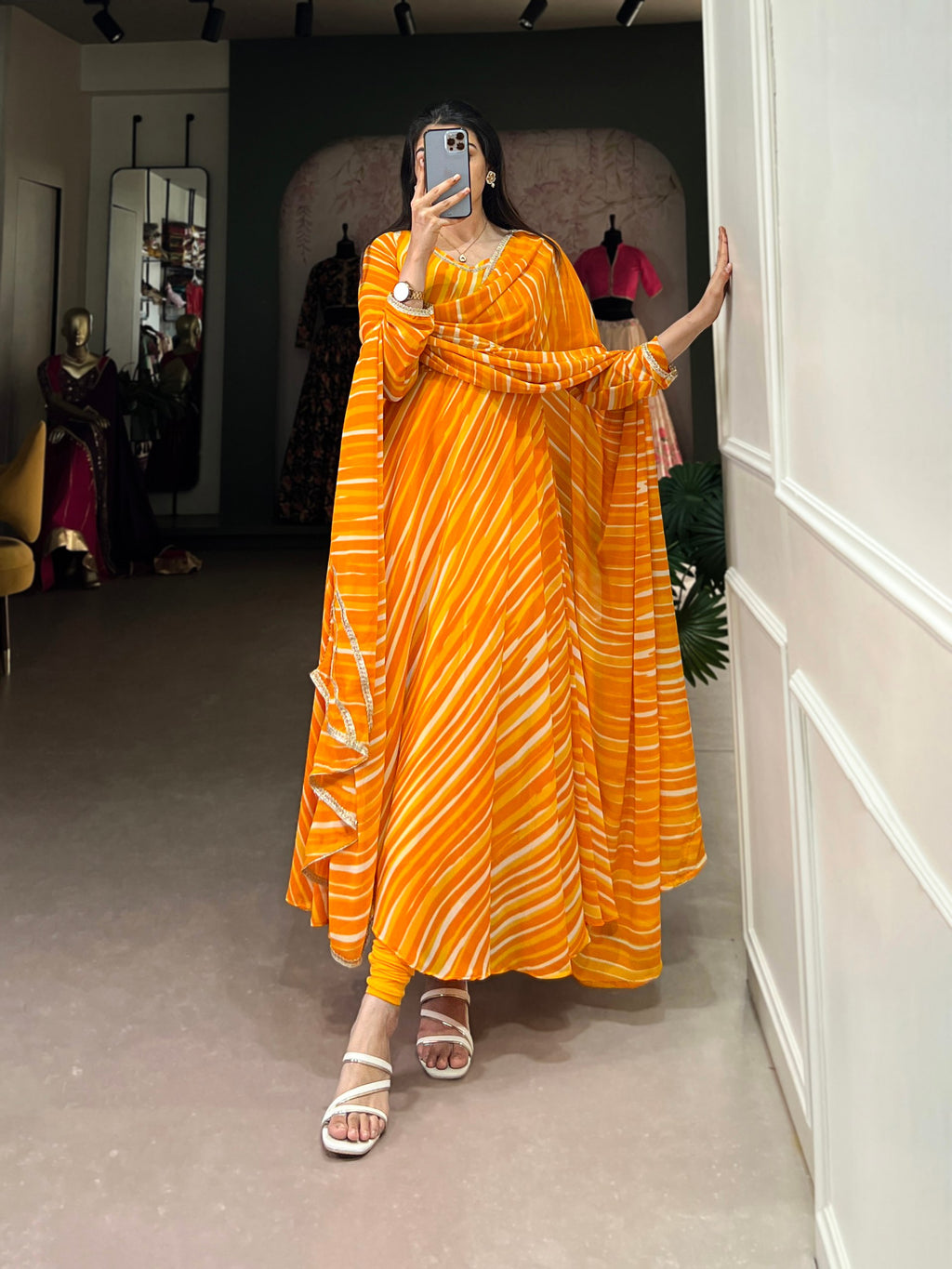 Yellow Leheriya Georgette Gown with Dupatta – Festive Elegance with Lace Touch-Up