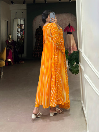 Yellow Leheriya Georgette Gown with Dupatta – Festive Elegance with Lace Touch-Up