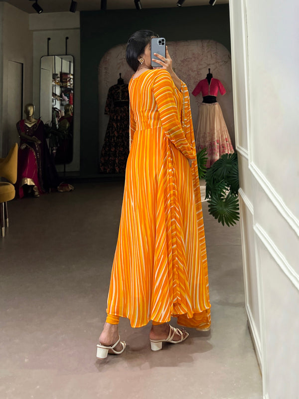 Yellow Leheriya Georgette Gown with Dupatta – Festive Elegance with Lace Touch-Up